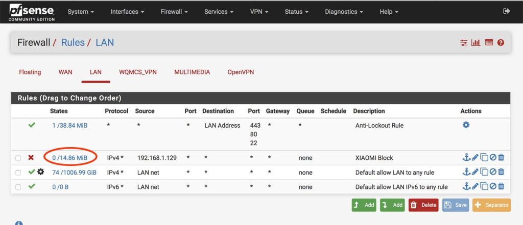 Xiaomi Aqara Gateway V3 Firewall Regel funktioniert